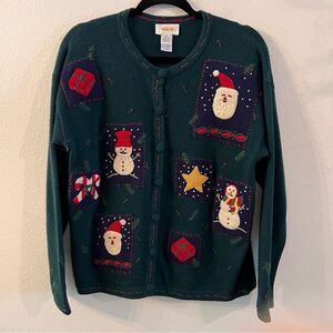 Talbots Sweater Christmas Lambswool Size Medium Green Santa Snowmen Candy Cane